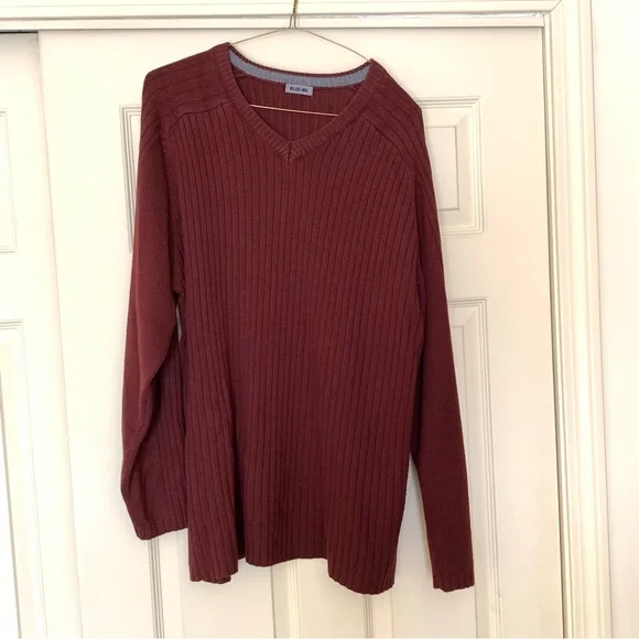 Vintage 80s Blue Ink Maroon Ribbed V-Neck Sweater - Picture 2 of 12